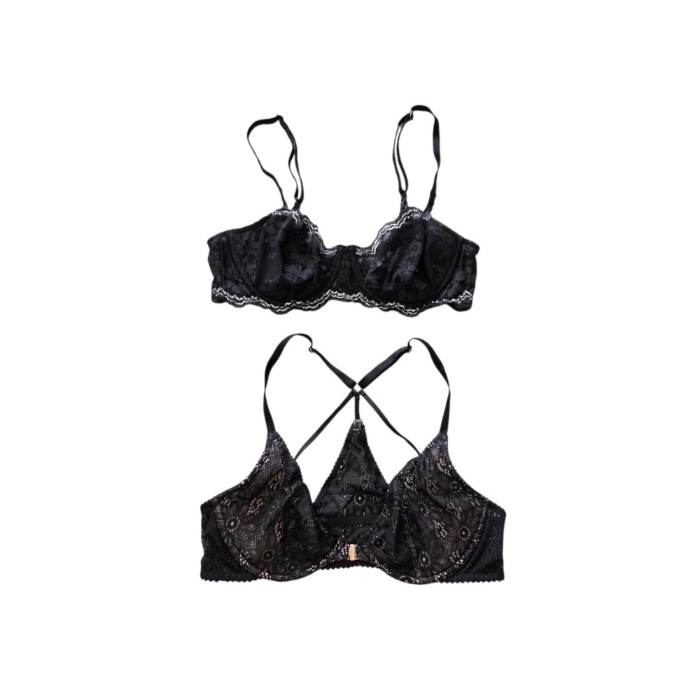 Victoria's Secret 2 Unlined Lace Bras 36B Black Floral Lingerie Bundle